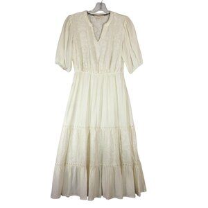 NURTURE Small Cream Eyelet Midi Dress BoHo Lagenlook Cottage Core Lined